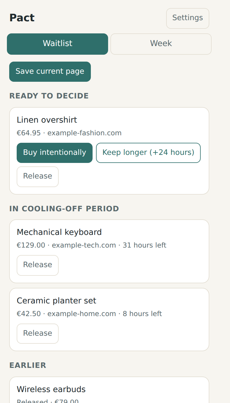 The Pact waitlist with one item ready to decide and two in a cooling-off period
